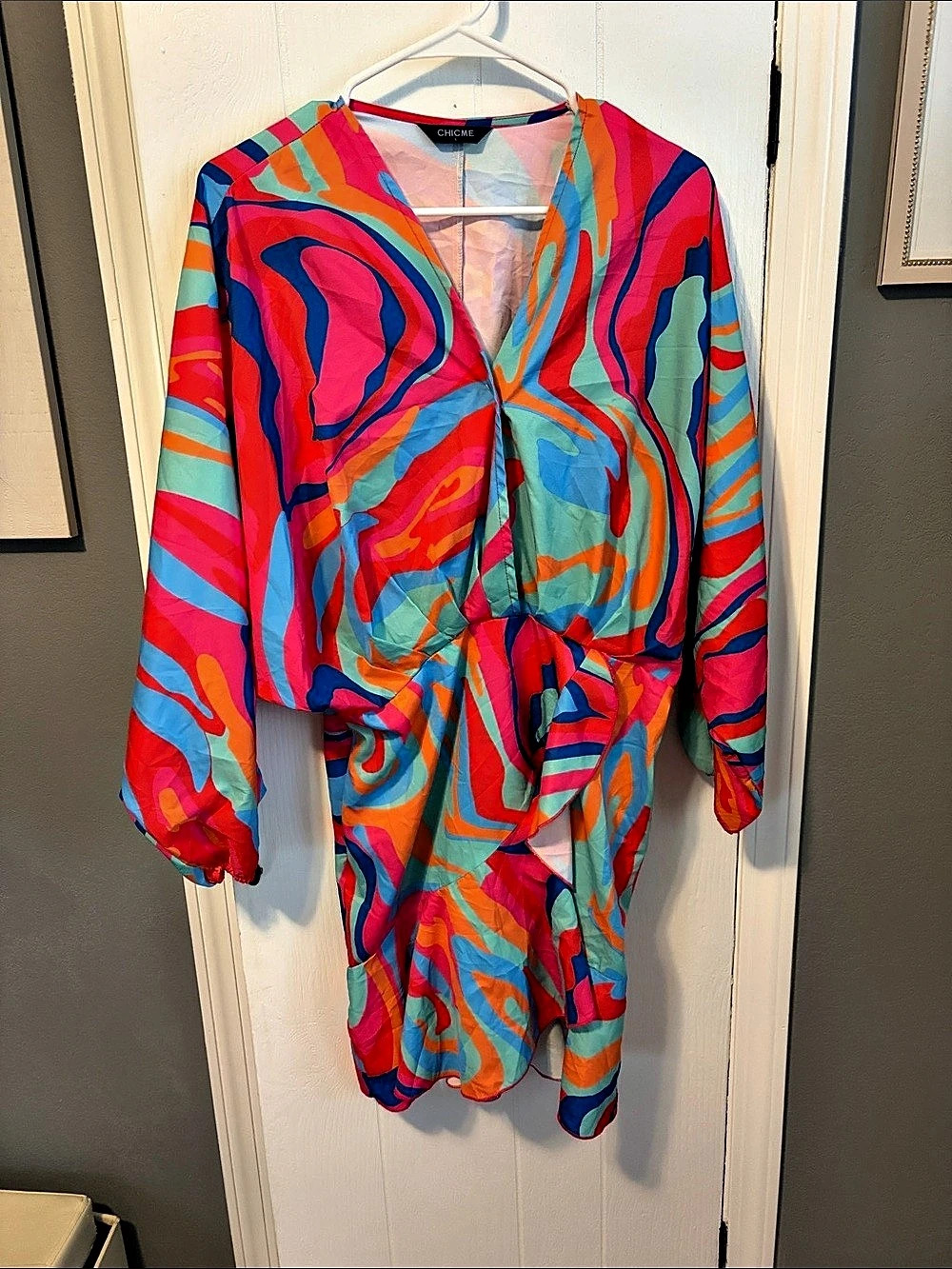 Chicme Abstract Wrap Mini Dress in Red & Blue Like New